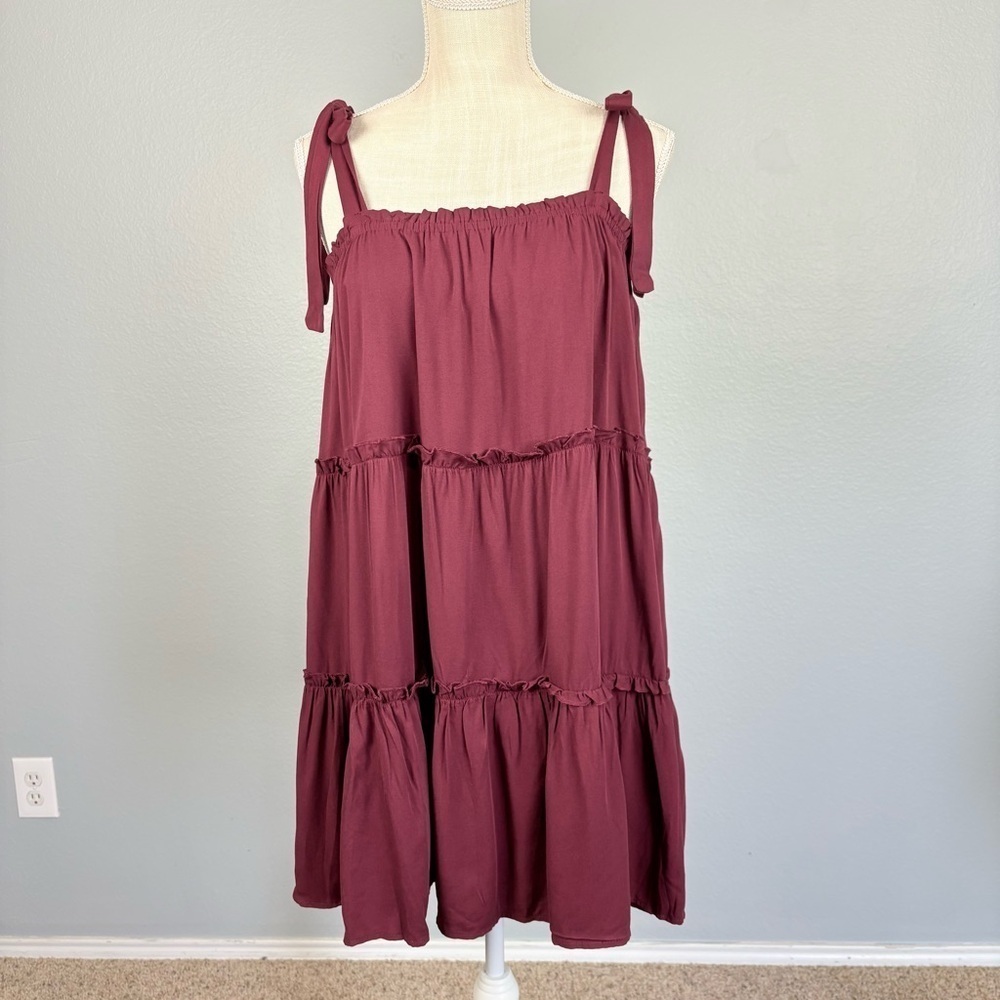 Magnolia Tie Strap Flock Swing Babydoll Dress Burgundy L Whimsigoth Boho